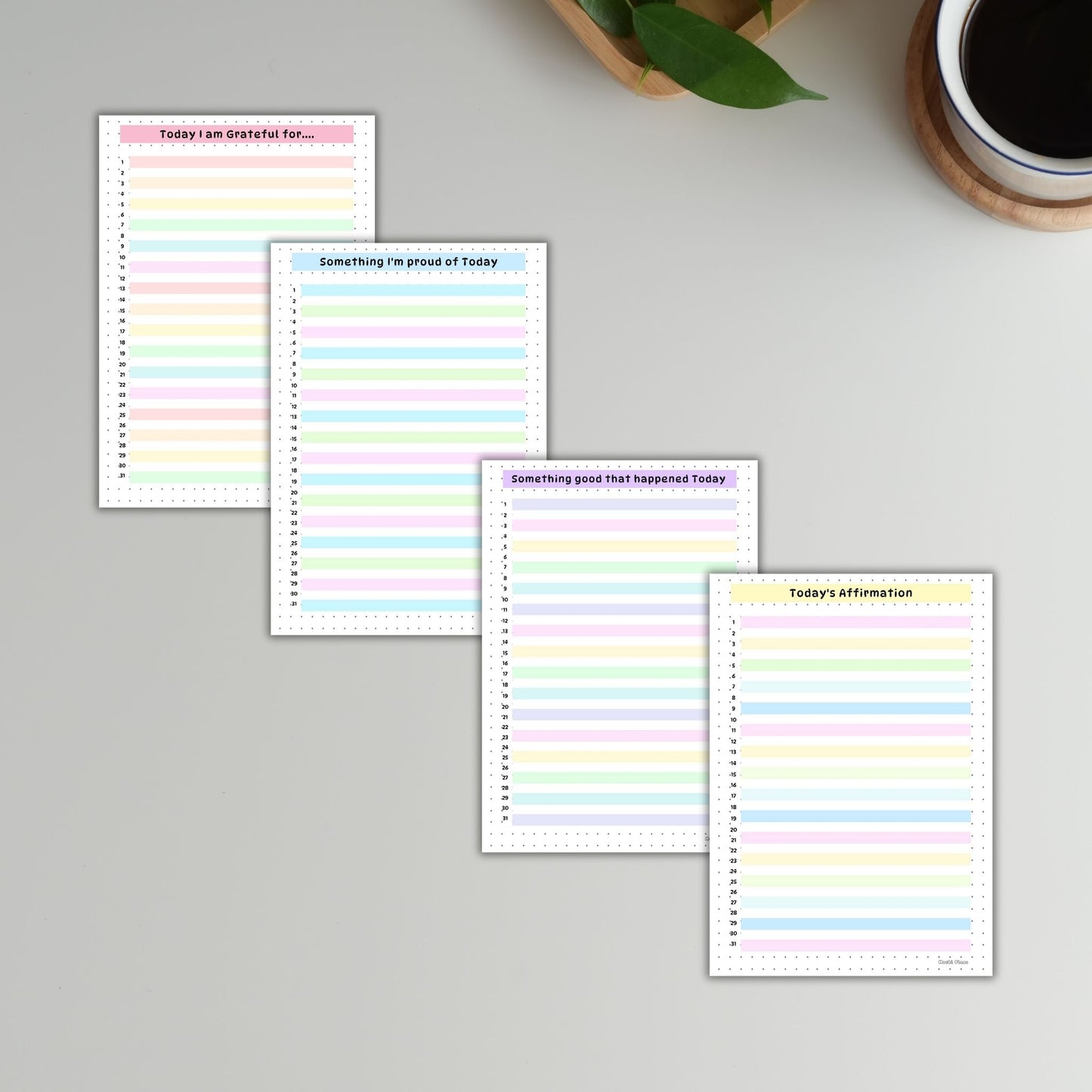 Daily gratitude prompts, affirmations Pages