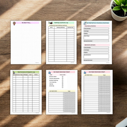 Car Wash Reminder Chart, Parking Location log