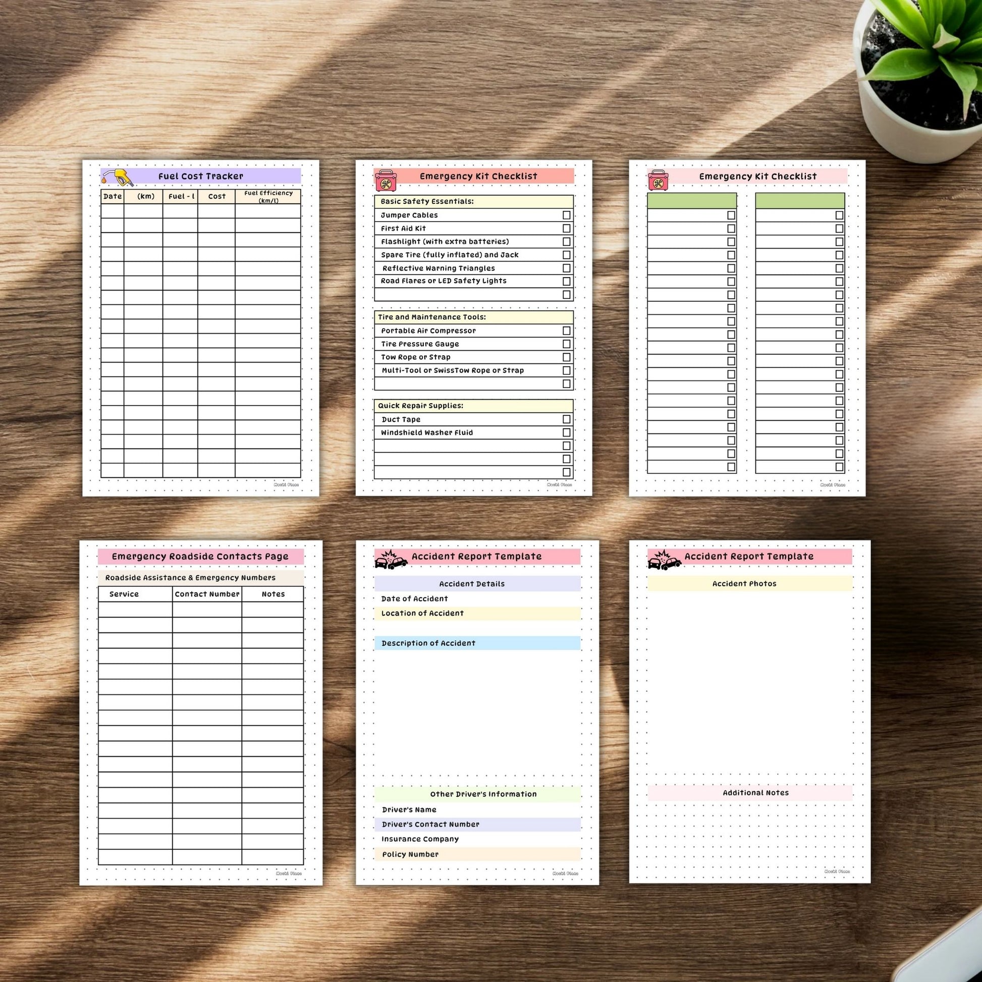 Fuel Cost Tracker, Emergency Kit Checklist, Accident Report Template